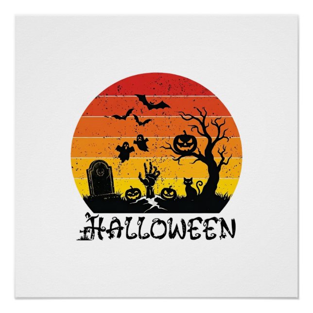 Halloween Zombie Hand Tombstone Tree Black Cat Bat Poster (Front)