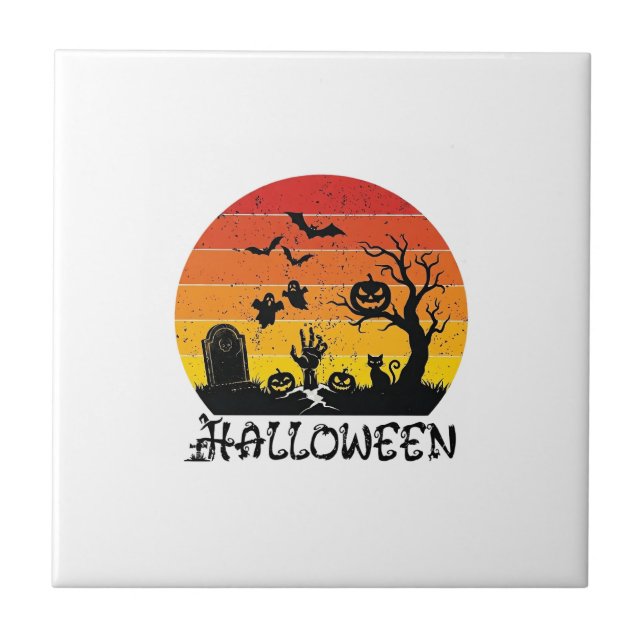Halloween Zombie Hand Tombstone Tree Black Cat Bat Tile (Front)