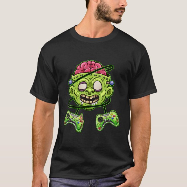 Halloween Zombie Scary Video Gamer Brain Game T-Shirt (Front)