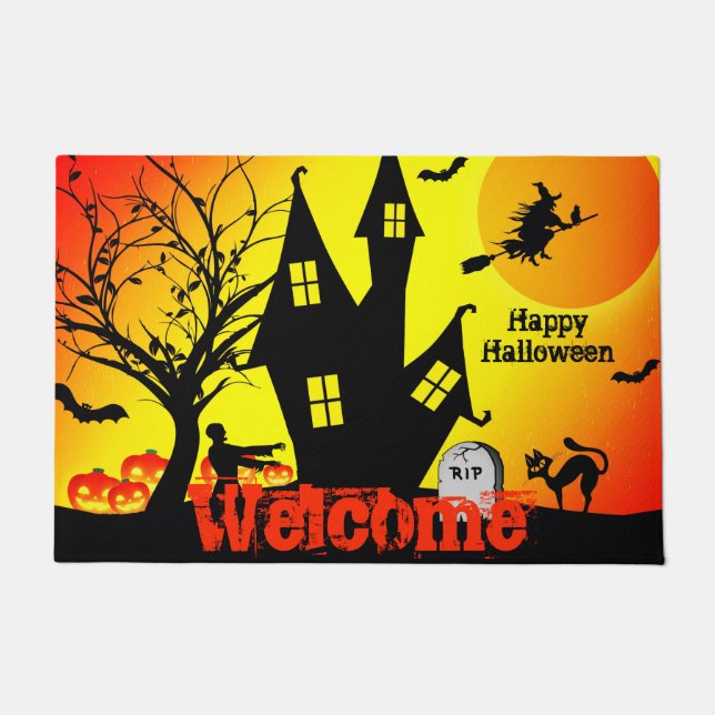 Halloween Zombie Witch Ghost And Bats Doormat (Front)