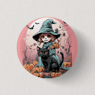 Halloween zombie witch with black cat Badge