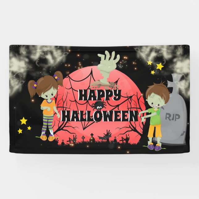 Halloween zombies graveyard red moon monsters banner (Horizontal)