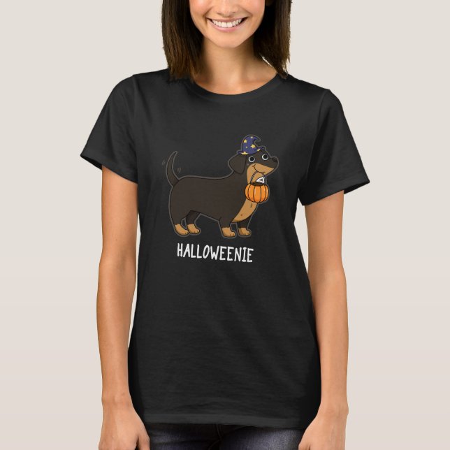 Halloweenie Funny Sausage Dog Pun Dark BG T-Shirt (Front)