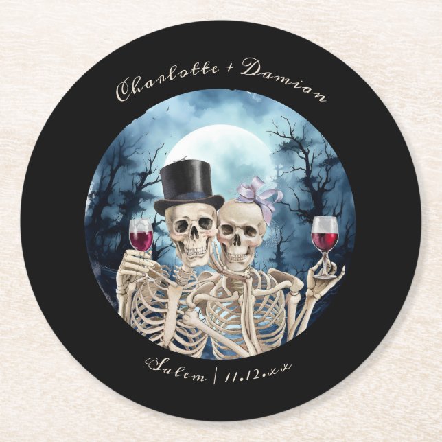 Hallowen Gothic Skulls Tarot The Lovers Wedding Round Paper Coaster (Front)