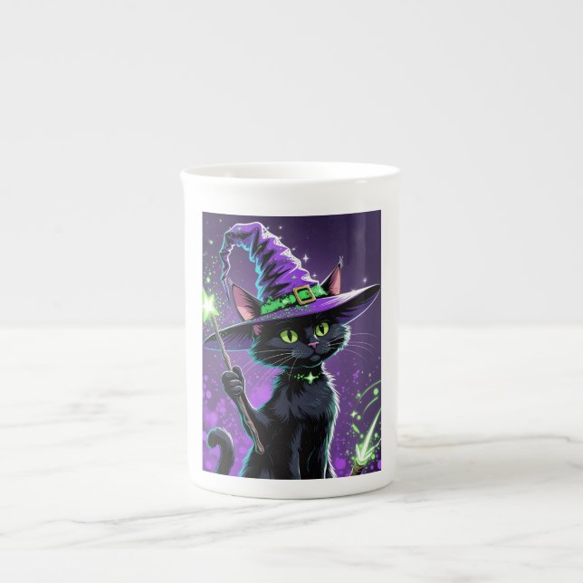 Hallowen Sorcerer Cat Bone China Mug (Front)