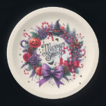 Hallowmas Wreath Merry Scary Christmas Halloween Paper Plate<br><div class="desc">Perfect for adult Halloween or Christmas parties, these unique paper plates embrace the Hallowmas trend, combining eerie Halloween vibes with festive Christmas spirit. Whether you're hosting a Halloween birthday or a Hallowmas-themed gathering, these plates add a fun, whimsical touch to your table. Great for party decorations or Hallowmas gifts, they're...</div>