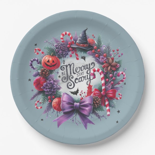 Hallowmas Wreath Merry Scary Christmas Halloween Paper Plate (Front)