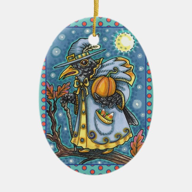 HALLOWS EVE BLACKBIRD WIZARD, HALLOWEEN RAVEN CERAMIC TREE DECORATION (Front)