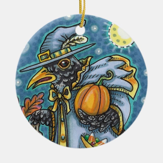 HALLOWS EVE BLACKBIRD WIZARD, HALLOWEEN RAVEN CERAMIC TREE DECORATION (Front)
