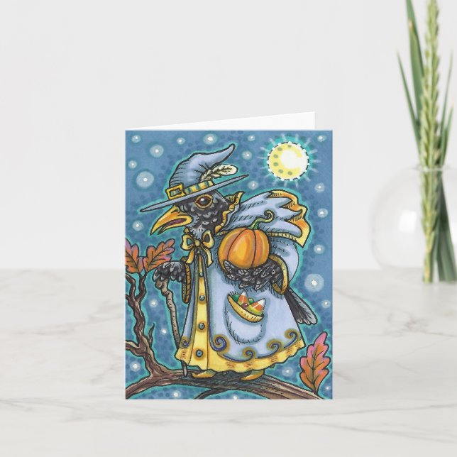 HALLOWS EVE BLACKBIRD WIZARD, HALLOWEEN RAVEN HOLIDAY CARD (Front)