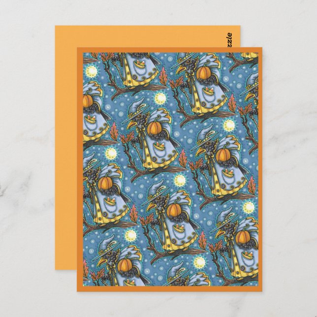 HALLOWS EVE BLACKBIRD WIZARD, HALLOWEEN RAVEN POSTCARD (Front/Back)