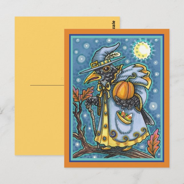 HALLOWS EVE BLACKBIRD WIZARD, HALLOWEEN RAVEN POSTCARD (Front/Back)