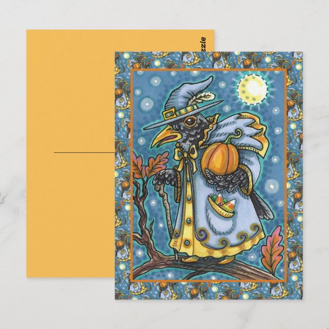 HALLOWS EVE BLACKBIRD WIZARD, HALLOWEEN RAVEN POSTCARD (Front/Back)