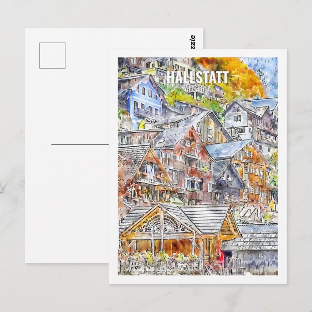 Hallstatt Austria Famous Travel Watercolor Sketch Postcard (Front/Back)