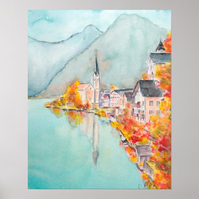 Hallstatt in autumn watercolor  poster (Front)