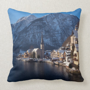 Hallstatt town in the snow in winter cushion