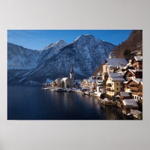 Hallstatt town in the snow in winter poster