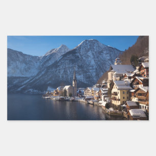 Hallstatt town in the snow in winter rectangular sticker