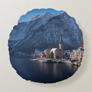 Hallstatt town in the snow in winter round cushion