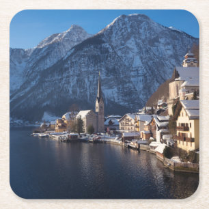Hallstatt town in the snow in winter square paper coaster