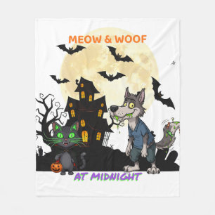 Hallween "Meow & Woof at Midnight" Cat & Werewolf Fleece Blanket