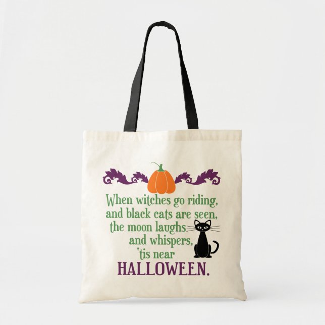 Hallween Saying with Black Cat and Pumpkin Tote Bag (Front)