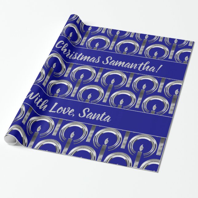 Halo Candle Modern Navy Blue Silver Christmas Wrapping Paper (Unrolled)