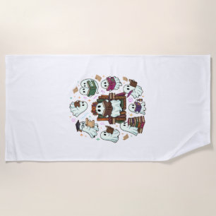 Haloween Reading Ghosts Stacked Books Floral Crown Beach Towel
