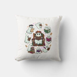 Haloween Reading Ghosts Stacked Books Floral Crown Cushion