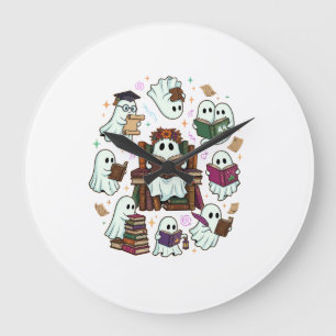Haloween Reading Ghosts Stacked Books Floral Crown Large Clock