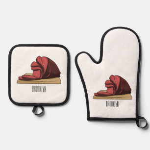 Ham cartoon illustration  oven mitt & pot holder set