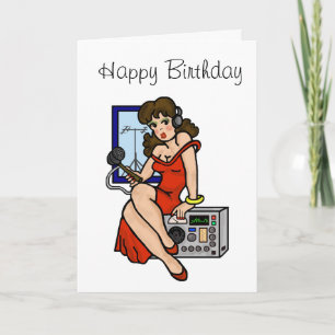 Ham Radio Brunette Pin-up Girl Greeting Card