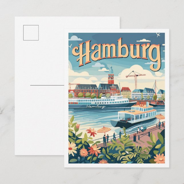 Hamburg Germany Art Vintage Travel Illustration Postcard (Front/Back)