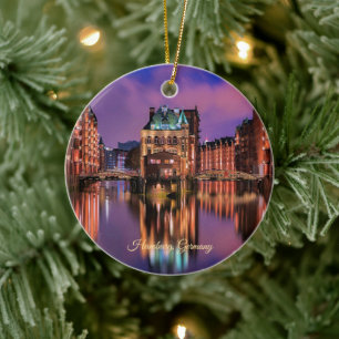 Hamburg, Germany at Night Ceramic Tree Decoration