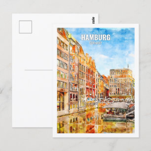 Hamburg Germany Famous Travel Watercolor Sketch Postcard
