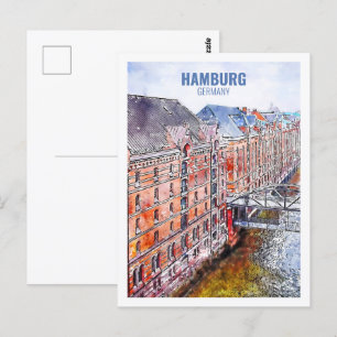 Hamburg Germany Famous Travel Watercolor Sketch Postcard