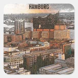 Hamburg Germany Panorama View Travel Square Sticker