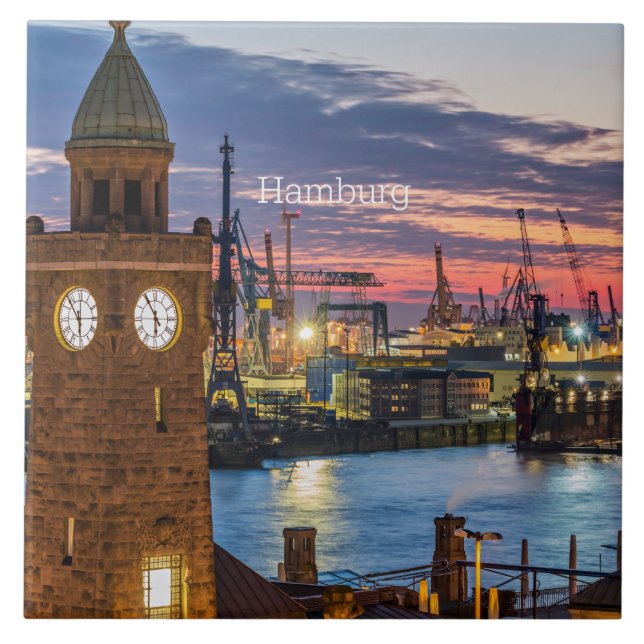 Hamburg, Germany panoramic view at twilight Tile (Front)