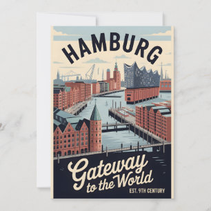 Hamburg Germany Retro Skyline Cityscape Travel Holiday Card
