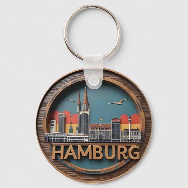 Hamburg Germany Skyline – Vintage Circle Cityscape Key Ring (Front)