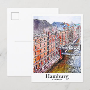 Hamburg Germany Travel Watercolor Hand Drawn Postcard