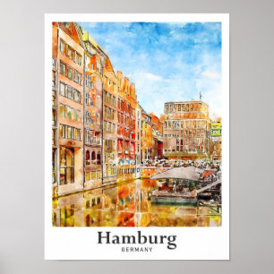 Hamburg Germany Travel Watercolor Hand Drawn Poster
