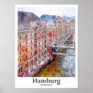 Hamburg Germany Travel Watercolor Hand Drawn Poster