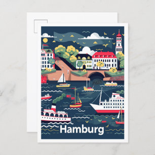 Hamburg Germany Vintage Travel Illustration Postcard