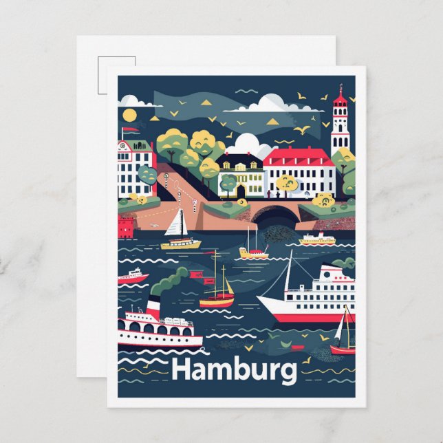 Hamburg Germany Vintage Travel Illustration Postcard (Front/Back)