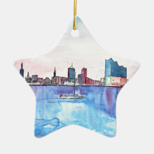 Hamburg Harbour Skyline And Elbe Philharmonic Hall Ceramic Tree Decoration