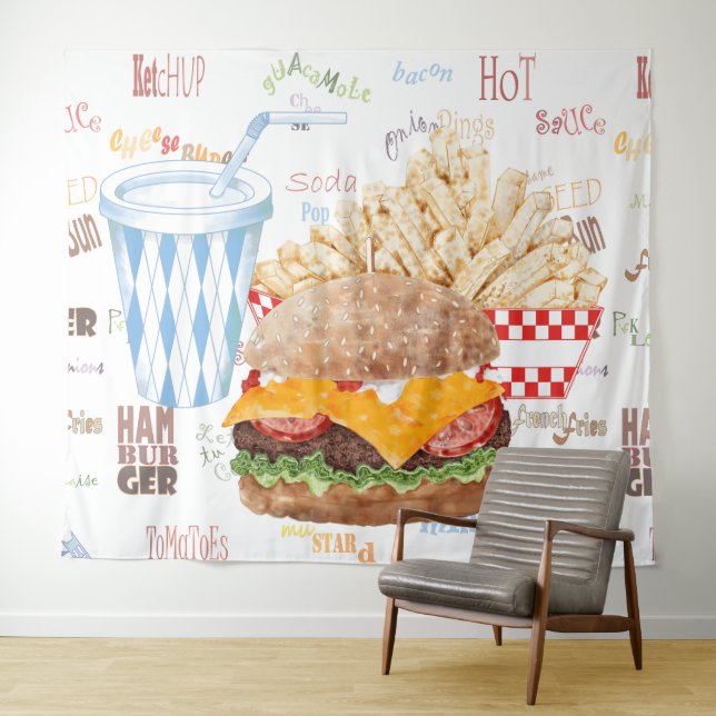 Hamburger and Fries Fast Food Backdrop Tapestry (In Situ (Horizontal))