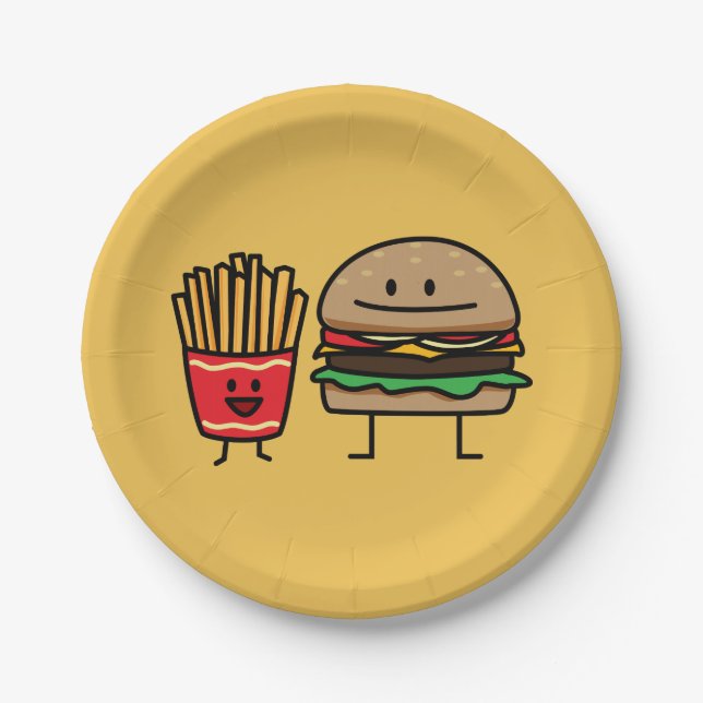 Hamburger and Fries fast food bun junk fried hot Paper Plate (Front)