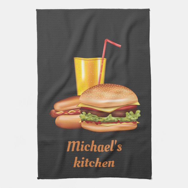 Hamburger And Hot Dog With Drink And Text Tea Towel (Vertical)