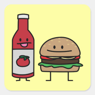 Hamburger and Ketchup fast food buddies bun patty Square Sticker